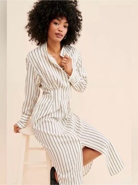 Samsoe Samsøe Sabosse Striped Midi Shirt Dress Pleated Small Pockets Luxury Boho